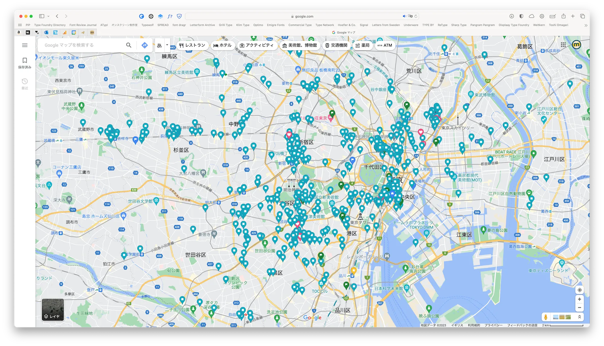 自分のGoogle Maps。大量の食事処のピンが止めてある