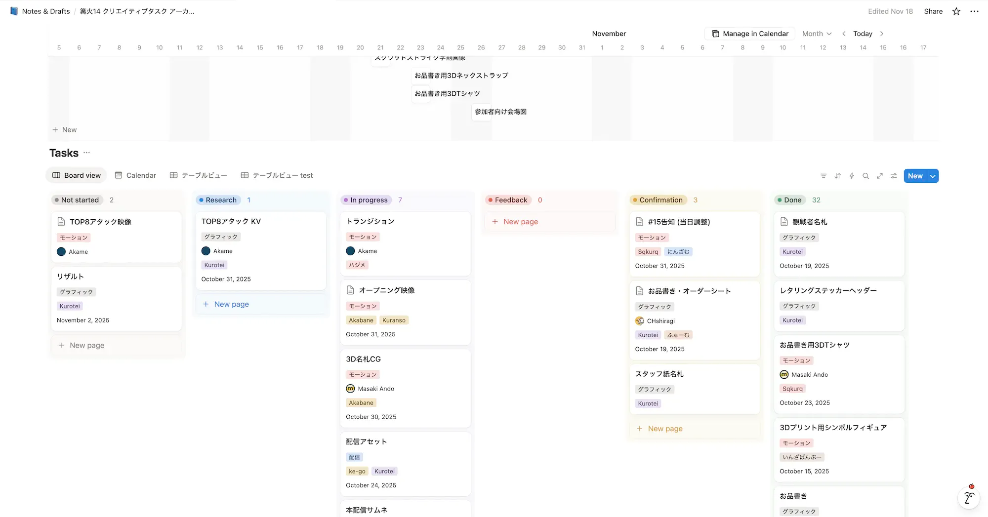 Notionでのタスク管理。カンバンとタイムラインで一覧することができる
